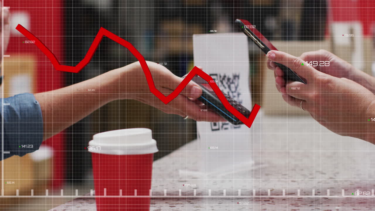 은 선의 애니메이션과 스마트폰을 사용하여 지불하는 여성에 대한 데이터 처리