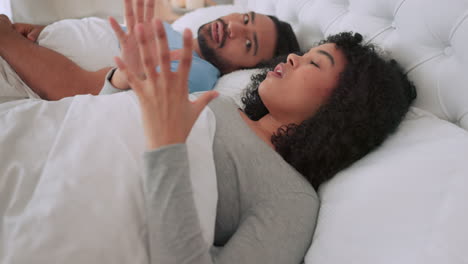 frustrated, angry and argue couple in bed fight