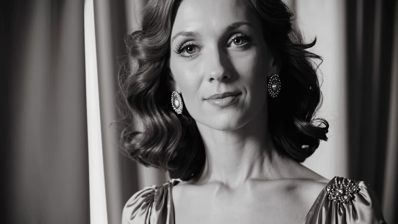 Black and white portrait of a sophisticated woman with curly hair, wearing elegant earrings and dress, posing against a backdrop of curtains, exuding timeless beauty and confidence
