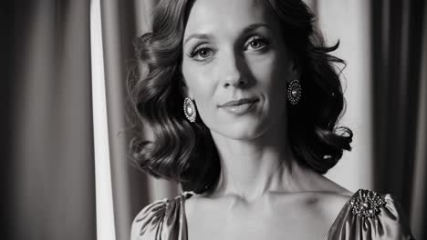 black and white portrait of a sophisticated woman with curly hair, wearing elegant earrings and dress, posing against a backdrop of curtains, exuding timeless beauty and confidence