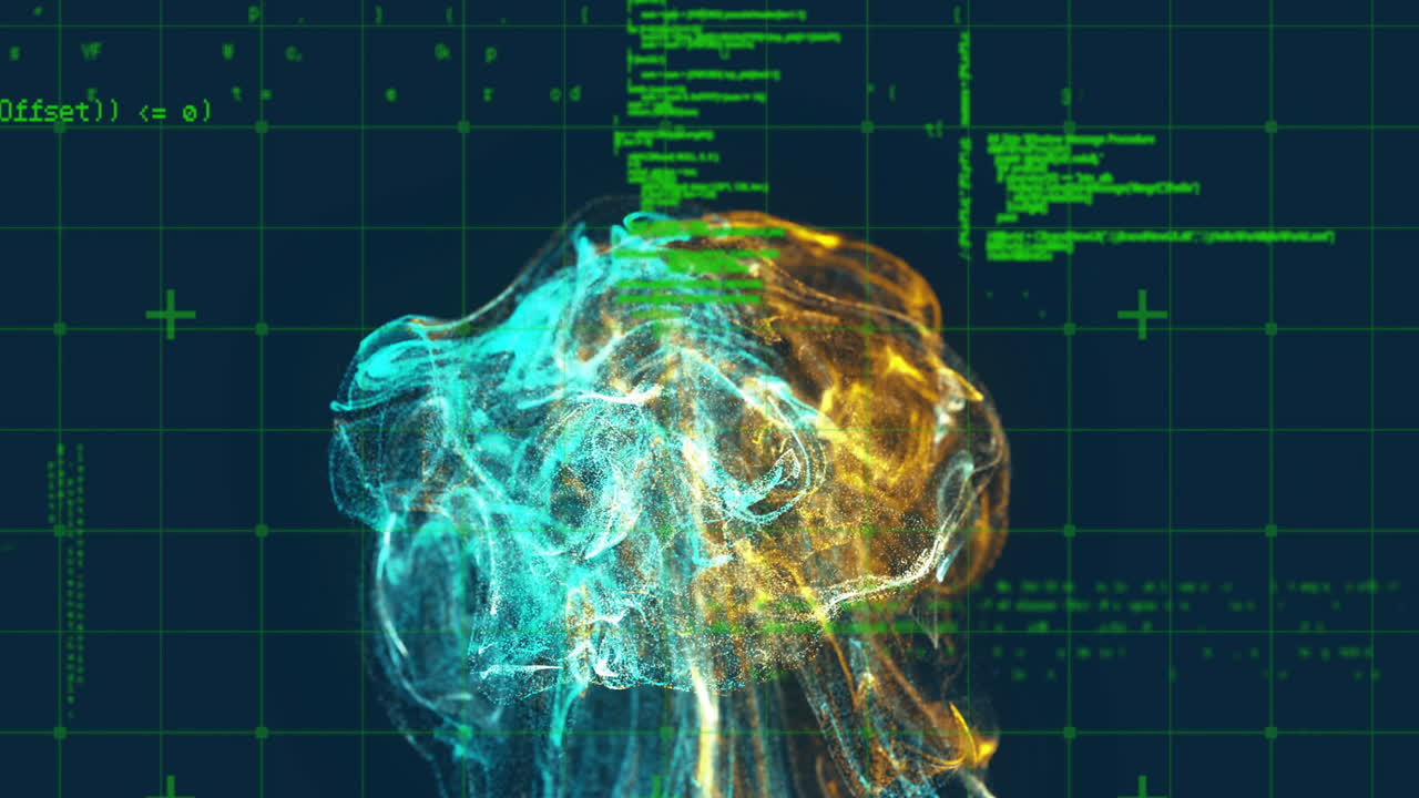 Animation of shapes with light trails over data processing on black background