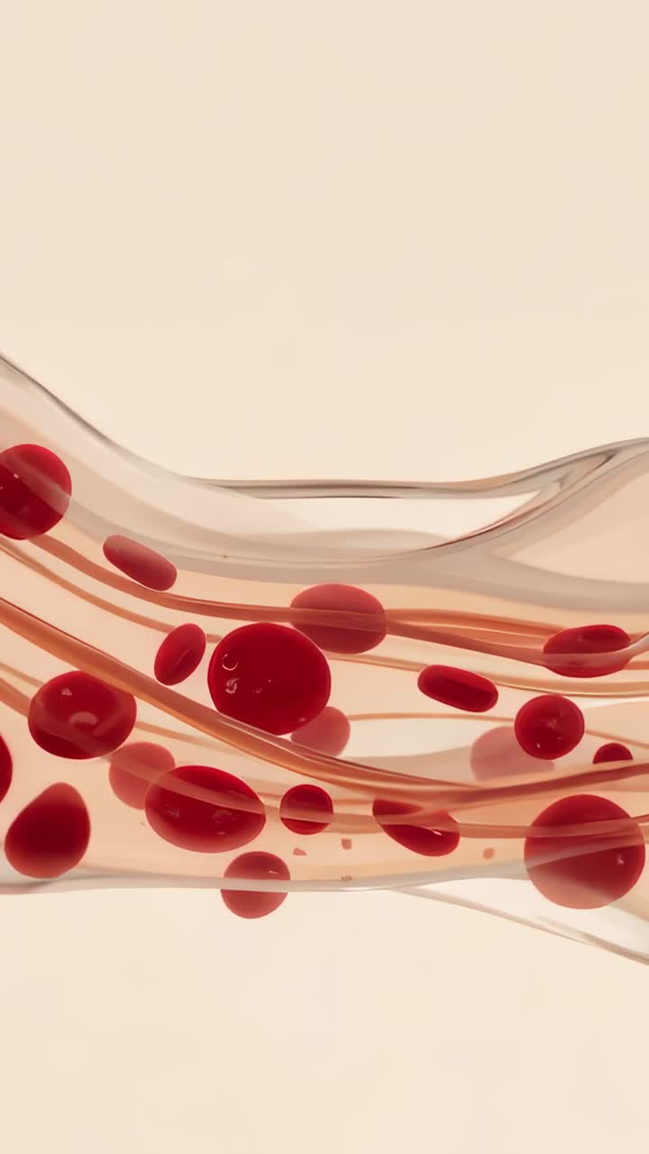 Vertical video: Waving clear channels causing red droplets drifting across cream backdrop