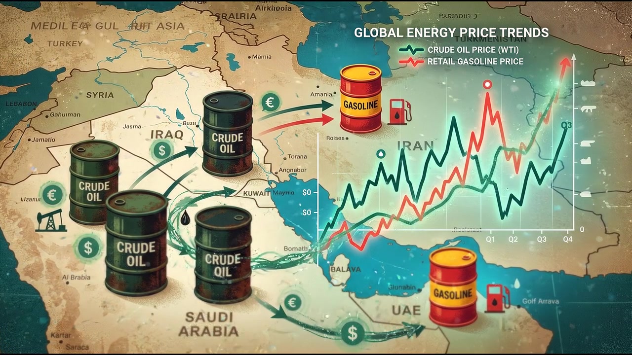 Illustrazione delle tendenze globali dei prezzi dell'energia con sovrapposizione di mappa dei prezzi del petrolio greggio e della benzina.