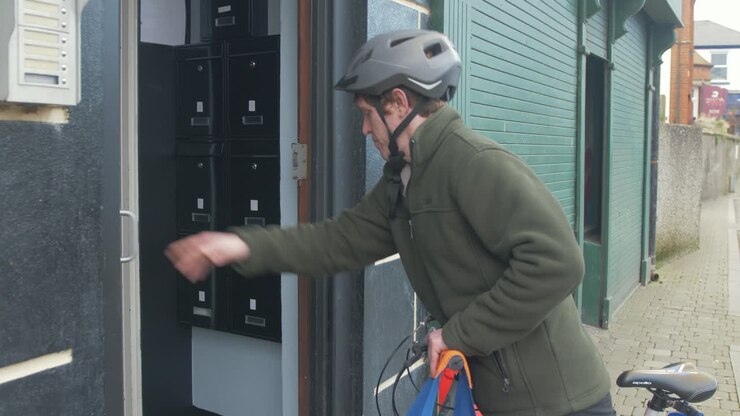 Cyclist arrives outside apartment with shopping