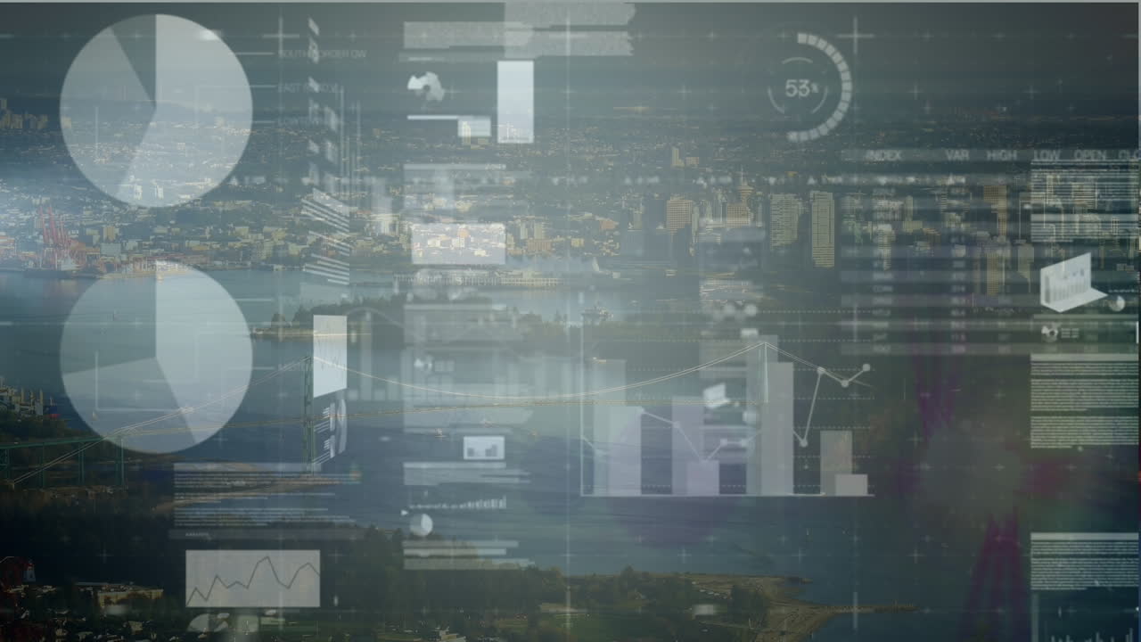 Animation of data processing over cityscape