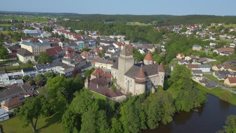 Nice-aerial-top-view-flight-Austria-Heidenreichstein-castle-in-Europe,-summer-of-2023