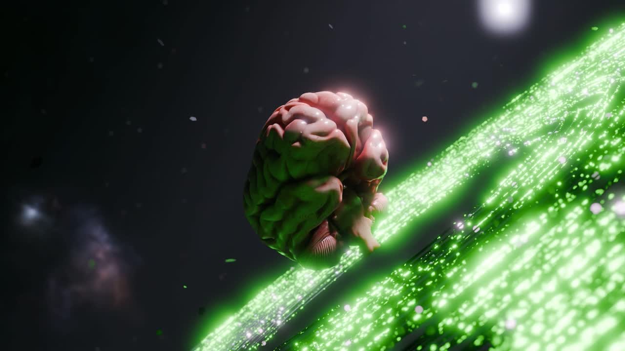 Human brain floating above glowing green digital surface in dark space. Artificial intelligence and neural network concept. Design for poster, banner, wallpaper, header