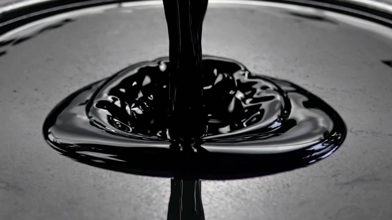 Close-up video of glossy black liquid swirling as it pours, captured from a top-down angle