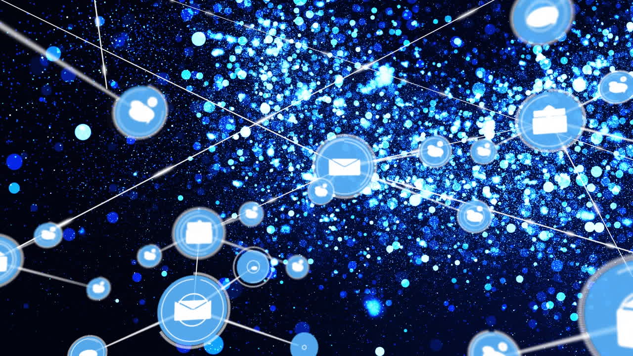 파란색과 검은색 배경의 이메일 아이콘의 연결 네트워크의 애니메이션