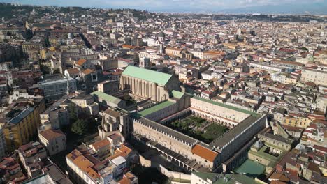 Forward-Drone-Shot-Above-Santa-Chiara-in-Historic-Naples,-Italy