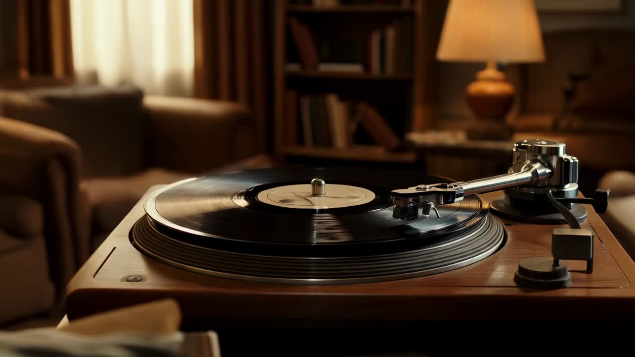 Abbassamento dello stilo che fa suonare un giradischi un LP in vinile in un salotto, braccio che traccia verso l'interno per l'ascolto