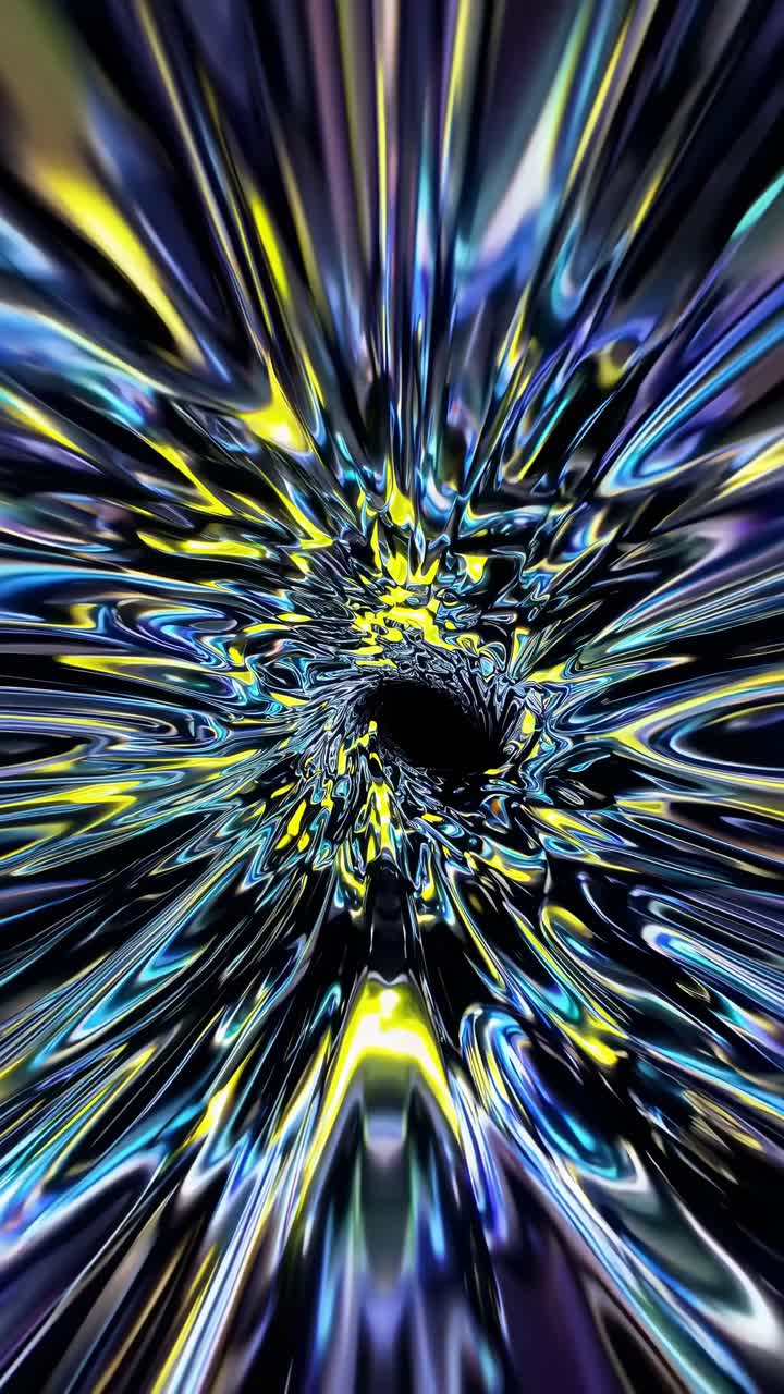 Metallic liquid surface swirling, converging into dynamic vortex with vibrant blue, yellow, black hues blending in mesmerizing liquid tunnel pattern