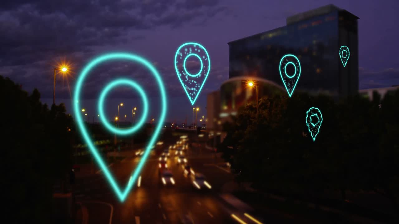 animación de iconos de ubicación digital que vuelan sobre el paisaje urbano