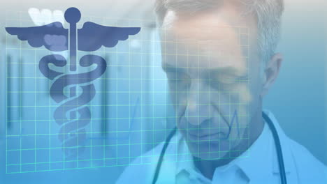 animation of medical snake sign over caucasian male doctor
