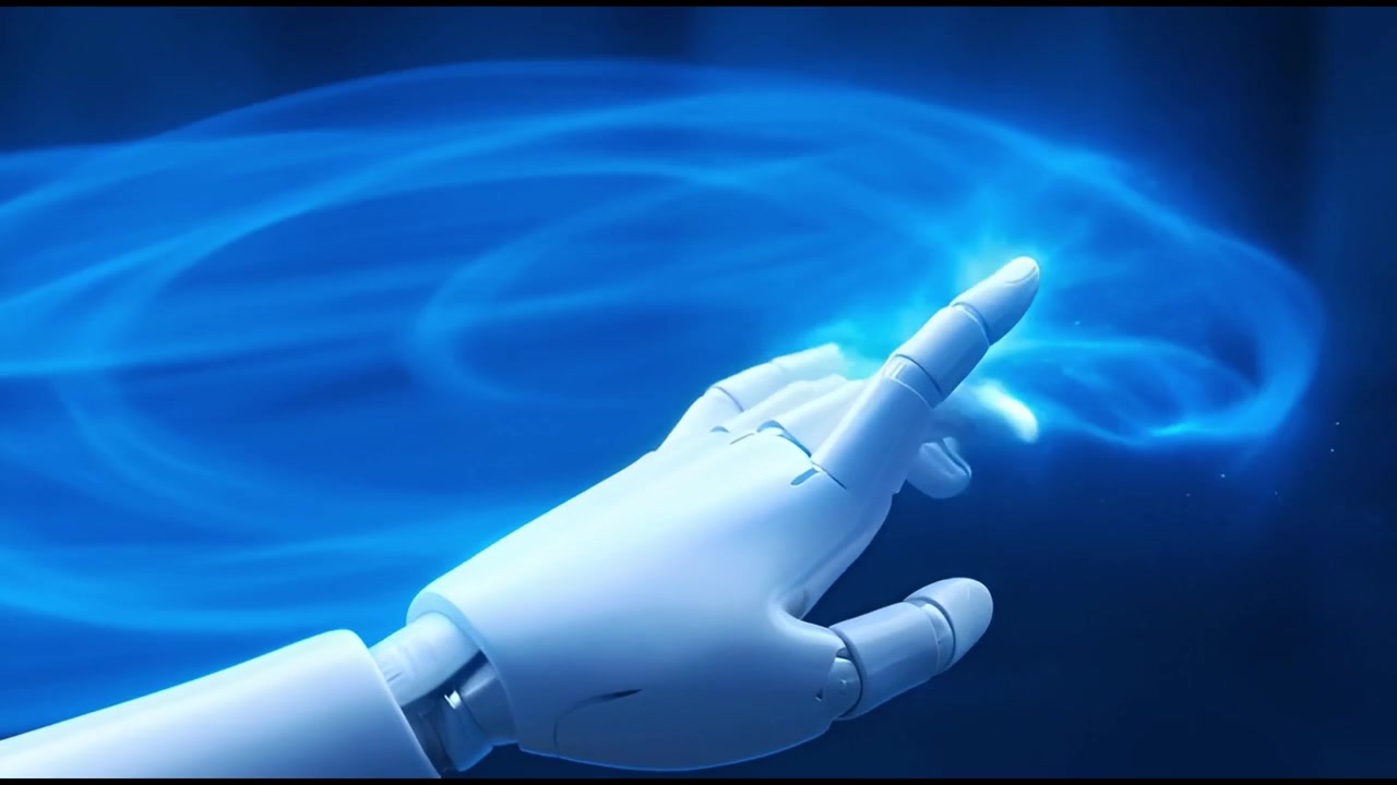 Mano robotica con energia digitale blu luminosa
