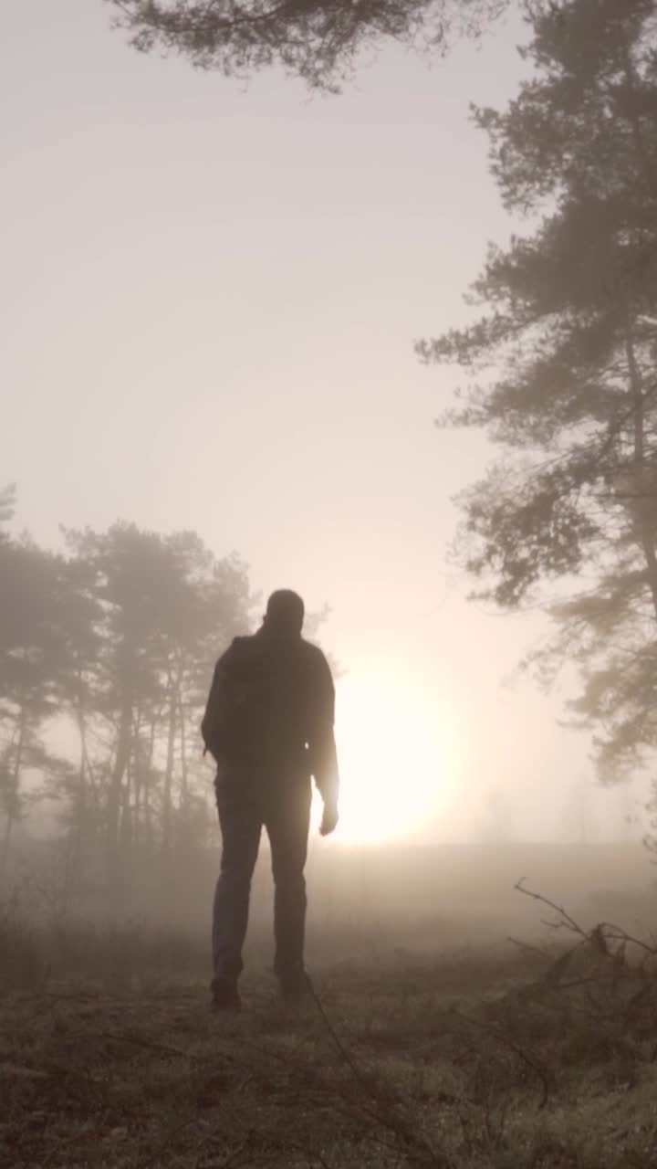 Uomo che cammina nella foresta nebbiosa all'alba
