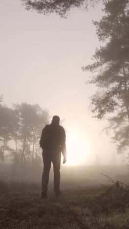 man walking through misty forest at sunrise