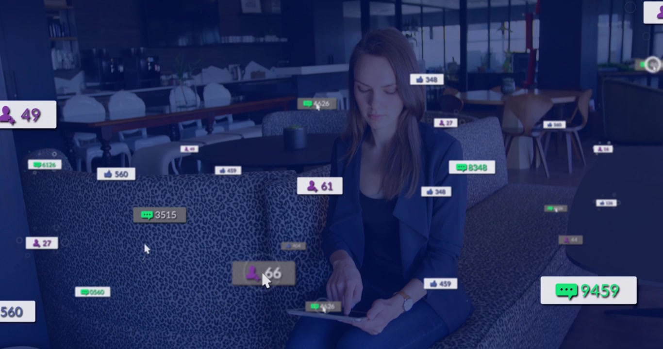 Woman tapping tablet on sofa, starting social media badges spreading across frame tracking metrics