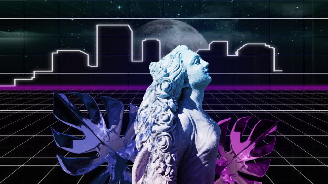 Animation of sculpture with interference over lines and cityscape with moon on black background