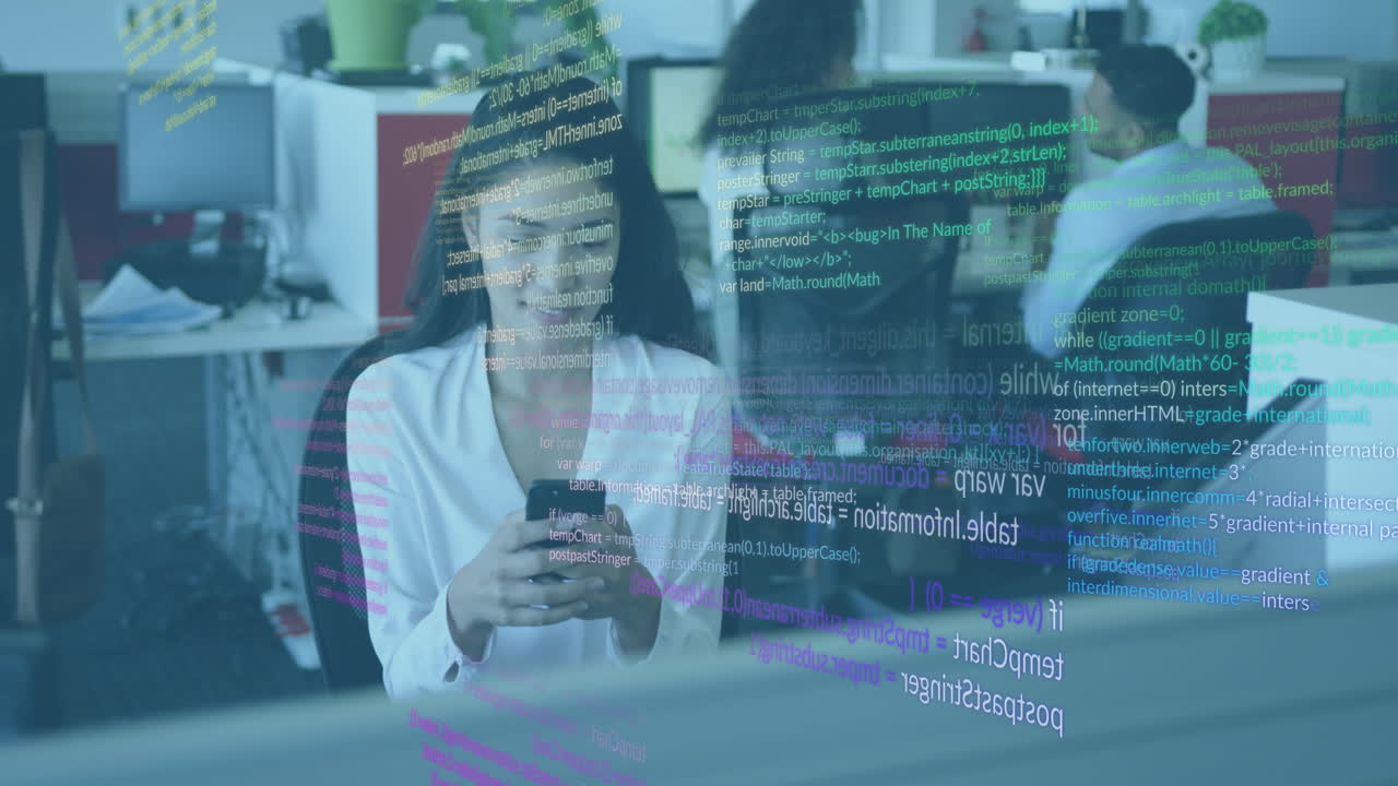 Animation of data processing against biracial woman smiling while using smartphone at office