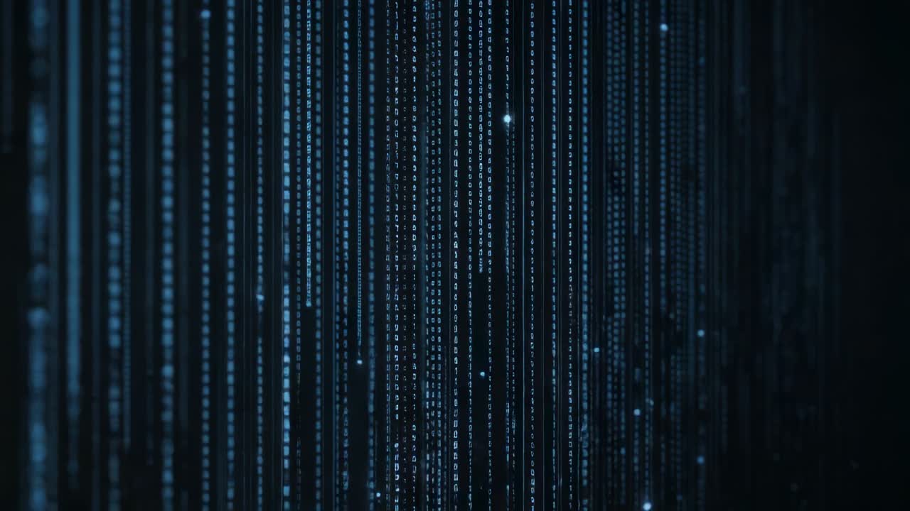 Materializing glowing code columns flowing in digital tunnel, pulsing columns and flashing dots