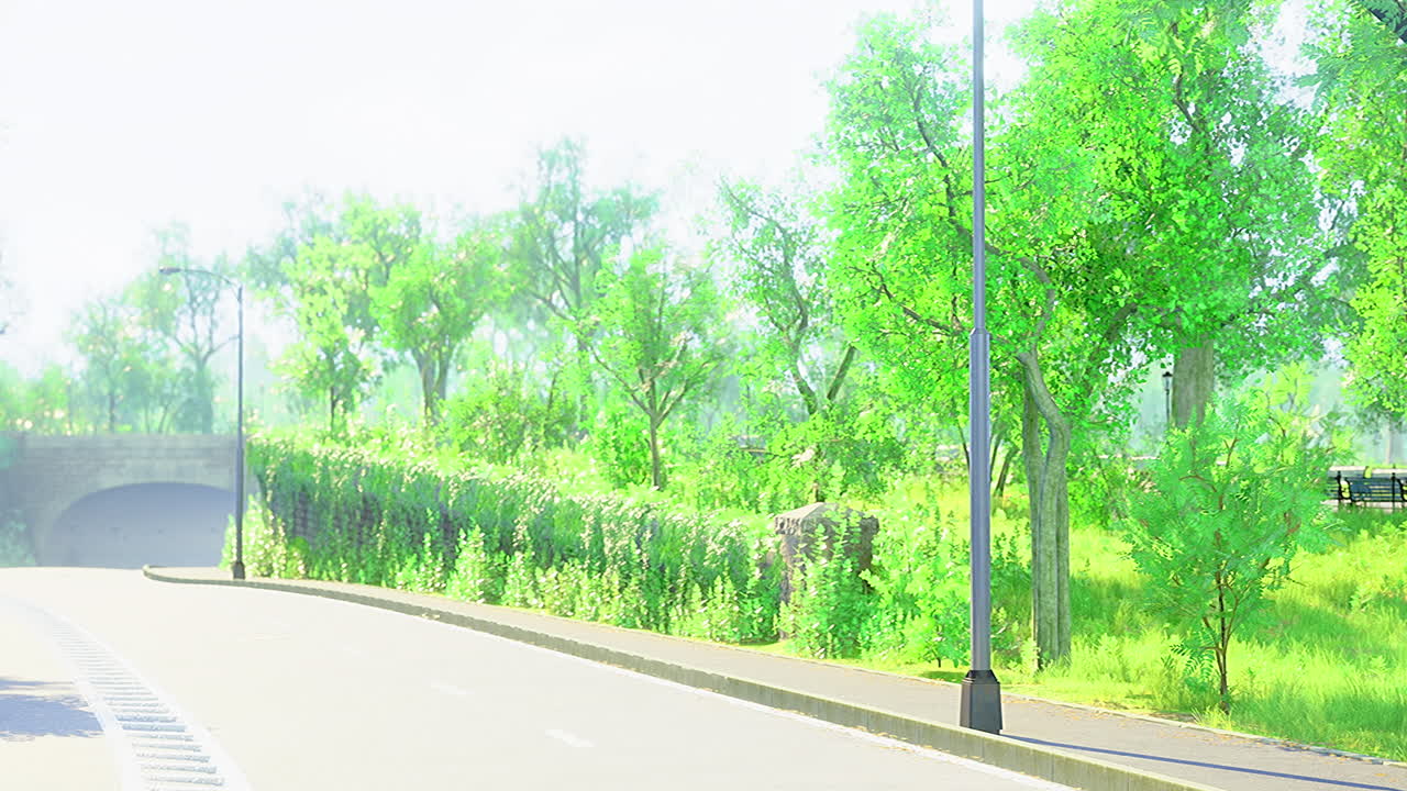 Vibrant green landscape with trees and a serene road under bright sunlight