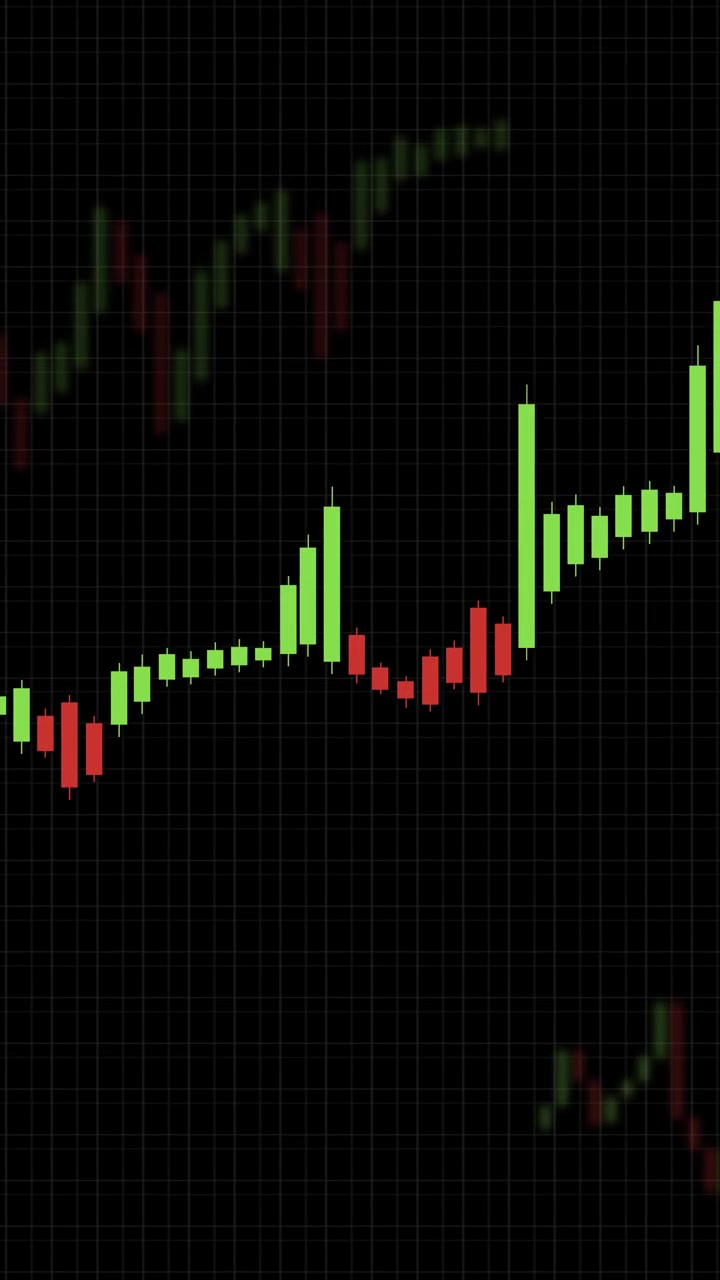 Green and red candlestick chart animates upward, simulating financial data trends on dark grid