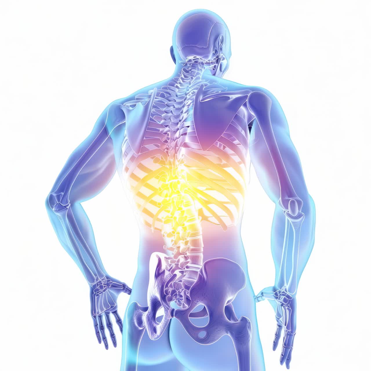 3D illustration of a human skeleton from a rear angle, highlighting the spine