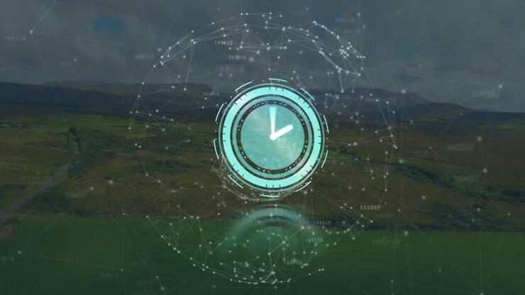 Animation of moving clock and network of connections over landscape