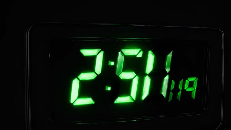 Close-up of a digital clock displaying 2:37 in green LED lights