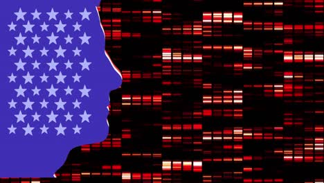 animation of purple face with american flag stars over red rectangles data processing