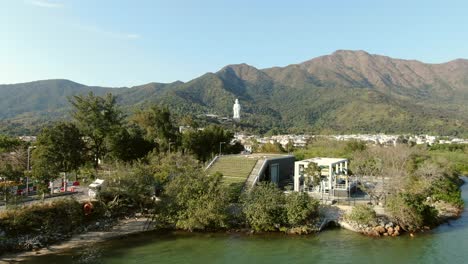 Aerial-view-of-Hong-Kong-Tsz-Shan-monastery-and-the-famous-Avalokitesvara-Guan-Yin-Statue,-Goddess-of-mercy