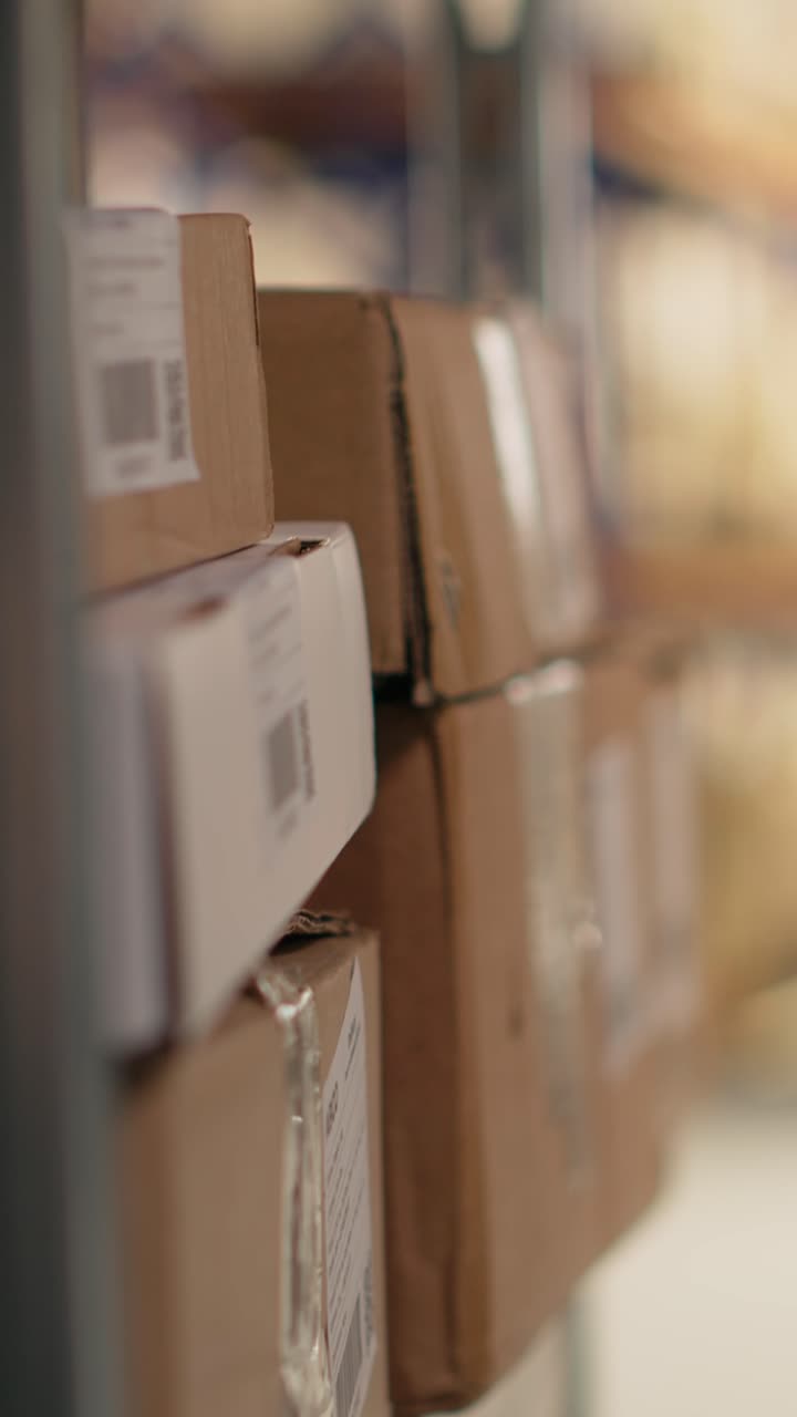 Vertical Video Employee using barcode scanner on cardboard boxes in fulfillment center