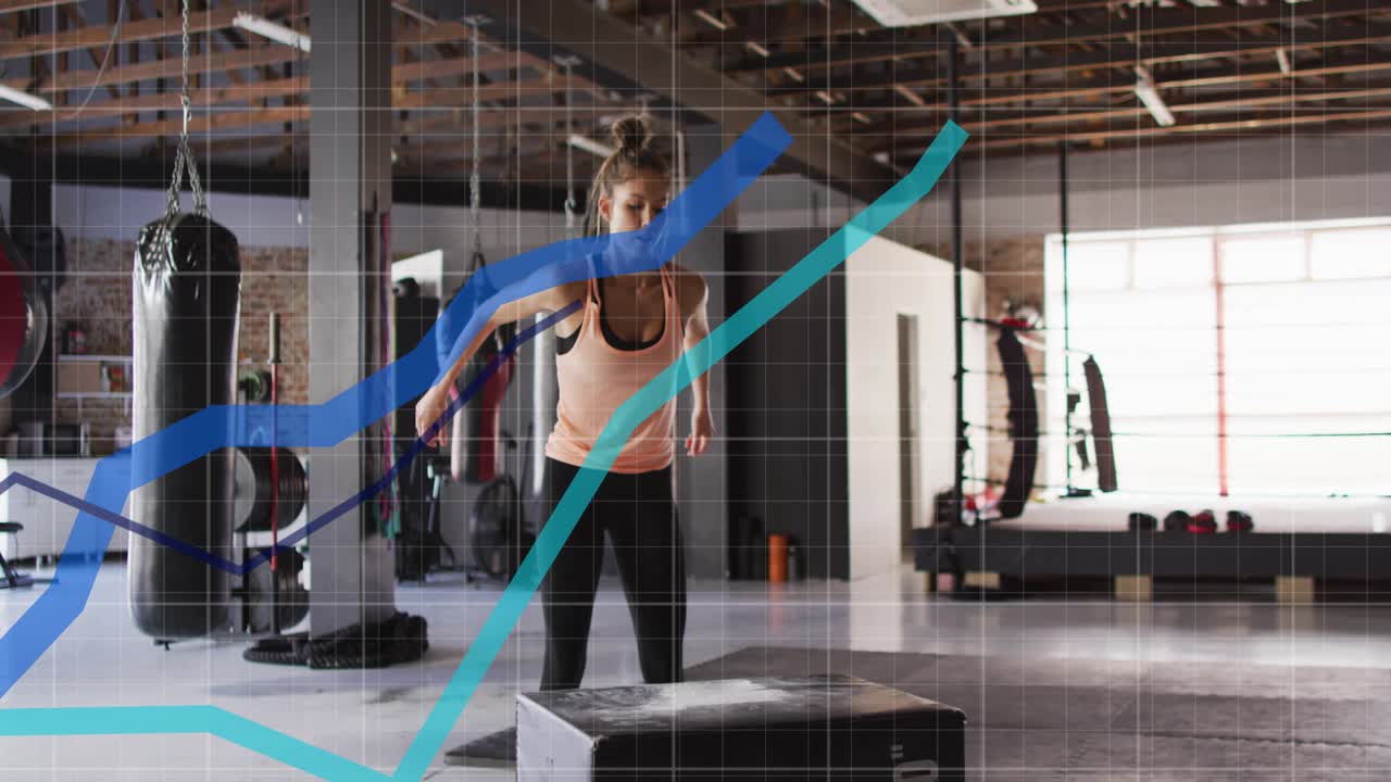 Woman starting on plyo box doing step-ups and jumps in gym, showing teal graphs building power