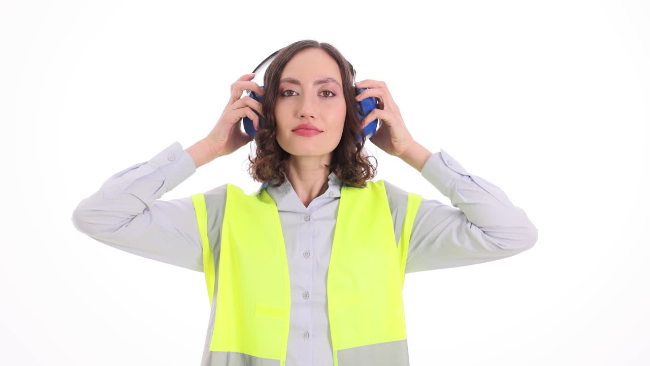 Woman wearing safety vest and ear protection headphones