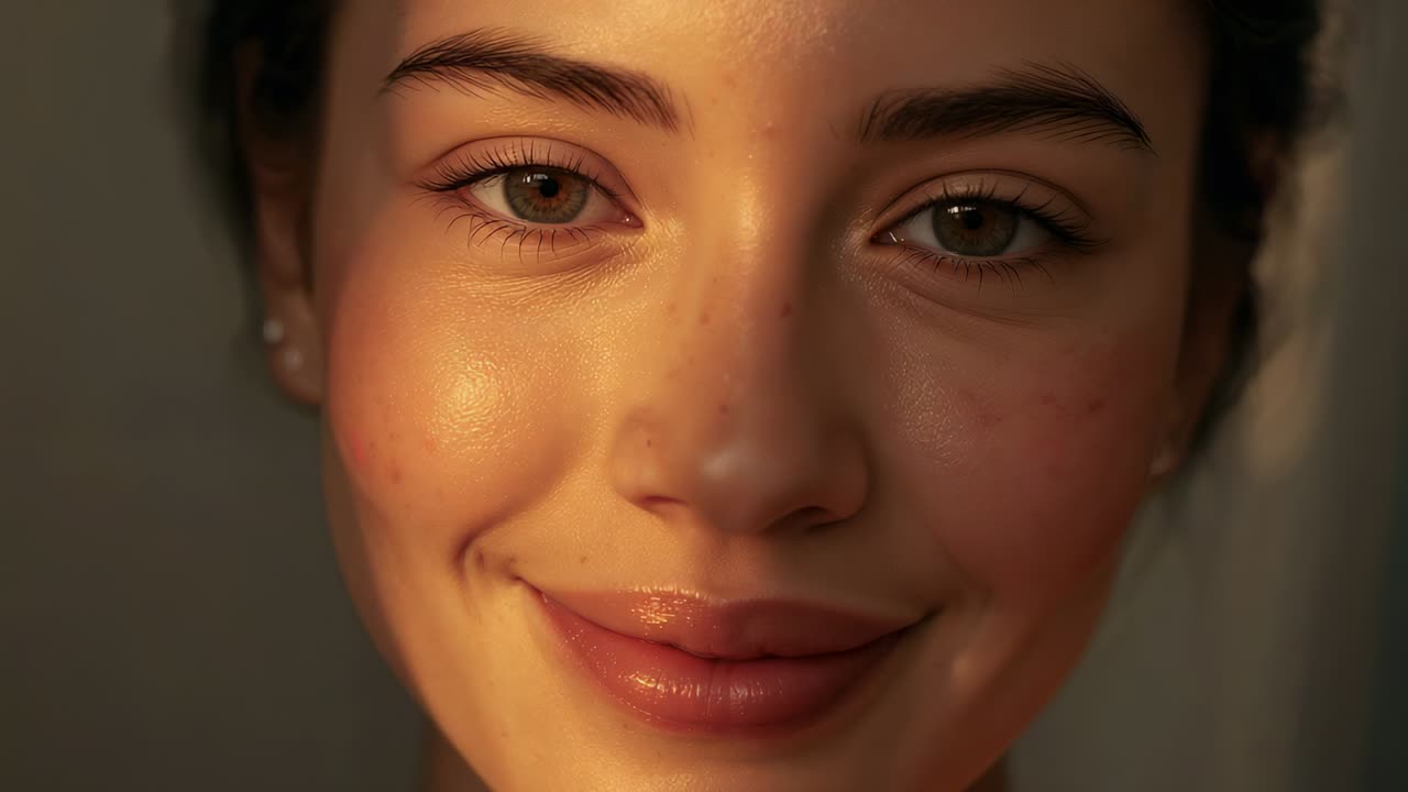 Smiling woman in interior room with warm light while camera zooming to eyes, stud earrings glinting