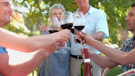 ancianos felices brindando con su familia