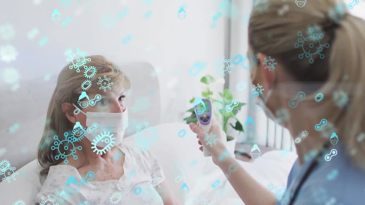 코로나19 바이러스 세포의 애니메이션 백인 고령 여성과 마스크를 착용한 간호사