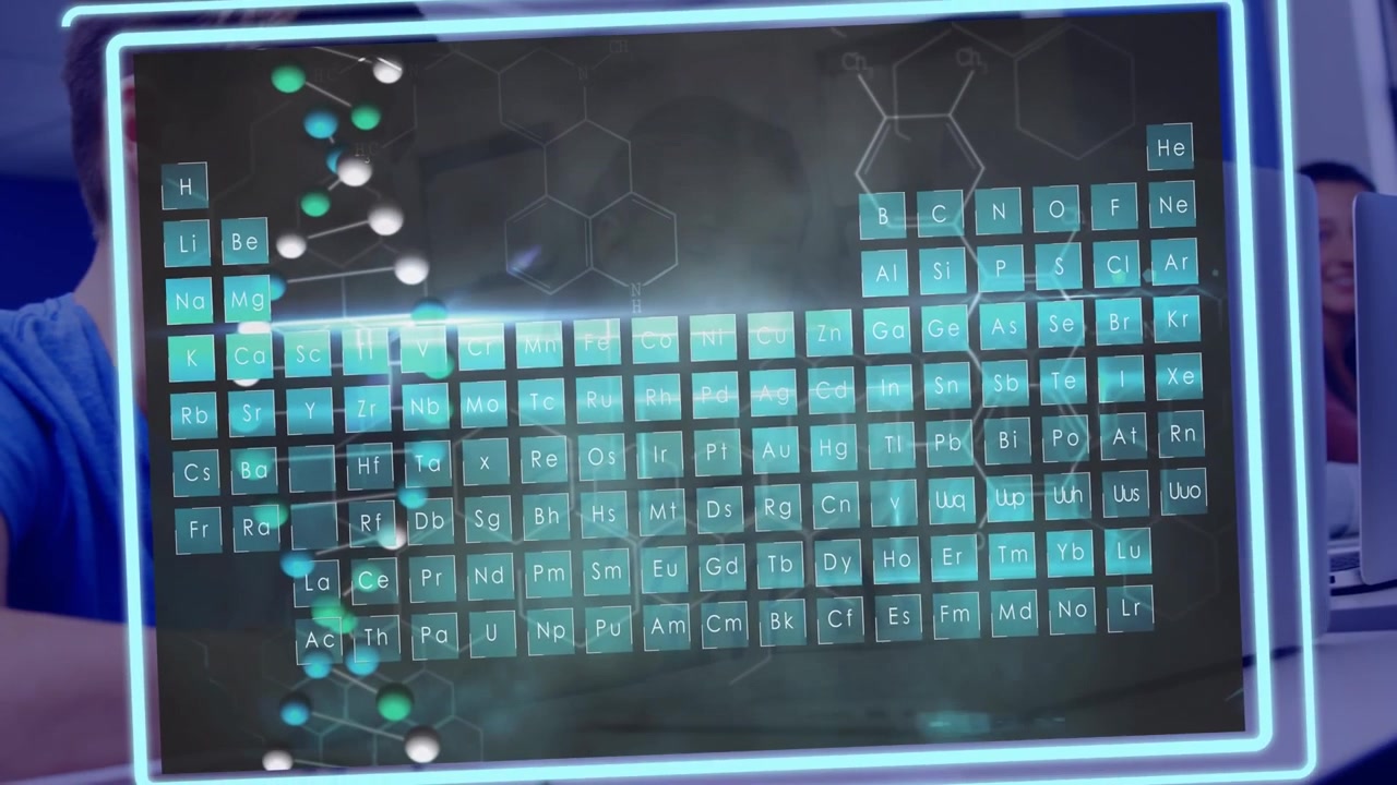 Periodic table, chemical and dna structure over caucasian girl and boy using laptop at school