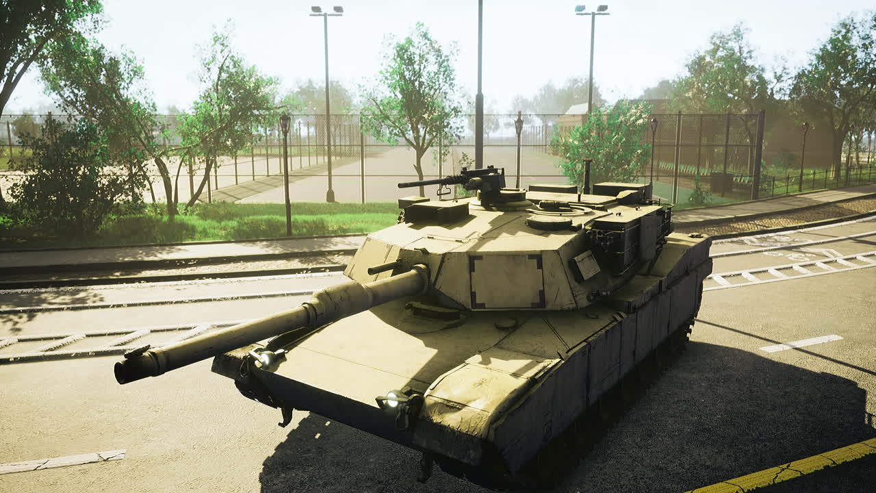 Tank on public road by trees and sports facilities