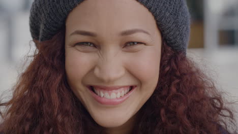 portrait beautiful student young woman smiling happy in urban city scene