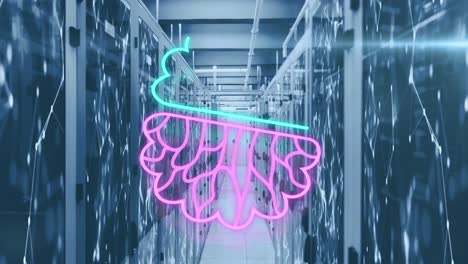 animación de un procesamiento de datos y redes a través de la sala de servidores de computadoras