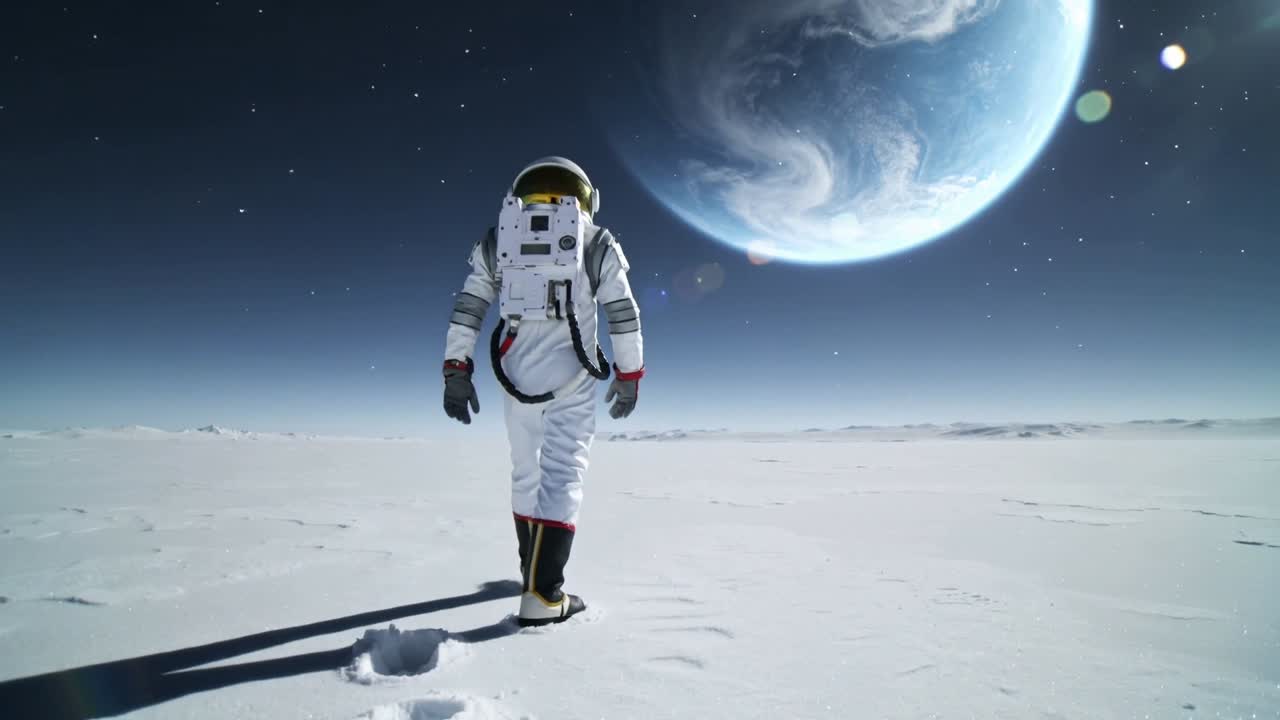 Kävelevä astronautti tutkii jäätynyttä tasankoa, yllään EVA-avaruuspuku ja reppu, jättäen jäljen, kamera alkaa kuvata.