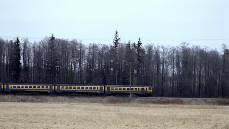 Tren-De-Pasajeros-Amarillo-Rojo-Con-Una-Franja-Amarilla-Que-Viaja-Por-Una-Vía-Férrea-A-Través-De-Un-Campo-Verde,-Con-Un-Bosque-De-árboles-Altos-Al-Fondo-En-Un-Día-De-Primavera