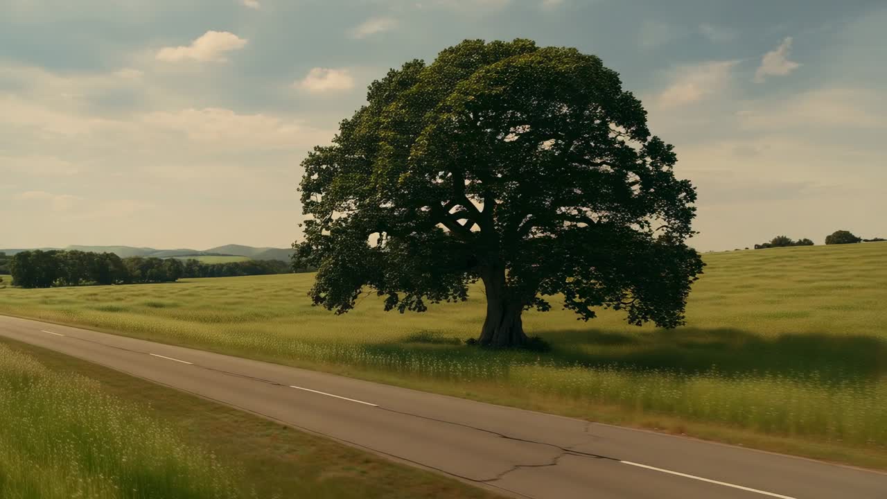 Punto di vista in movimento lungo una strada a due corsie che rivela un albero che si avvicina al centro per passare, linee centrali visibili