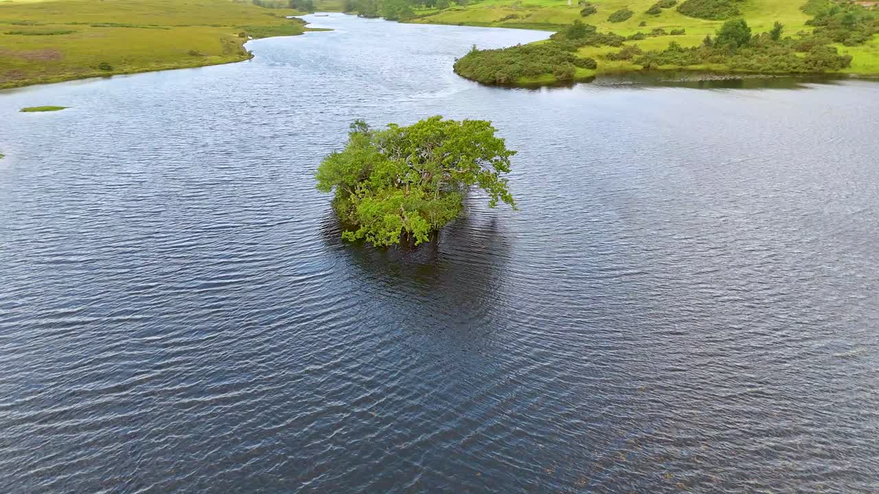 Drone glides above a solitary tree-covered island on a rippling lake, surrounded by grassy Scottish Highlands under soft daylight, capturing tranquil natural scenery