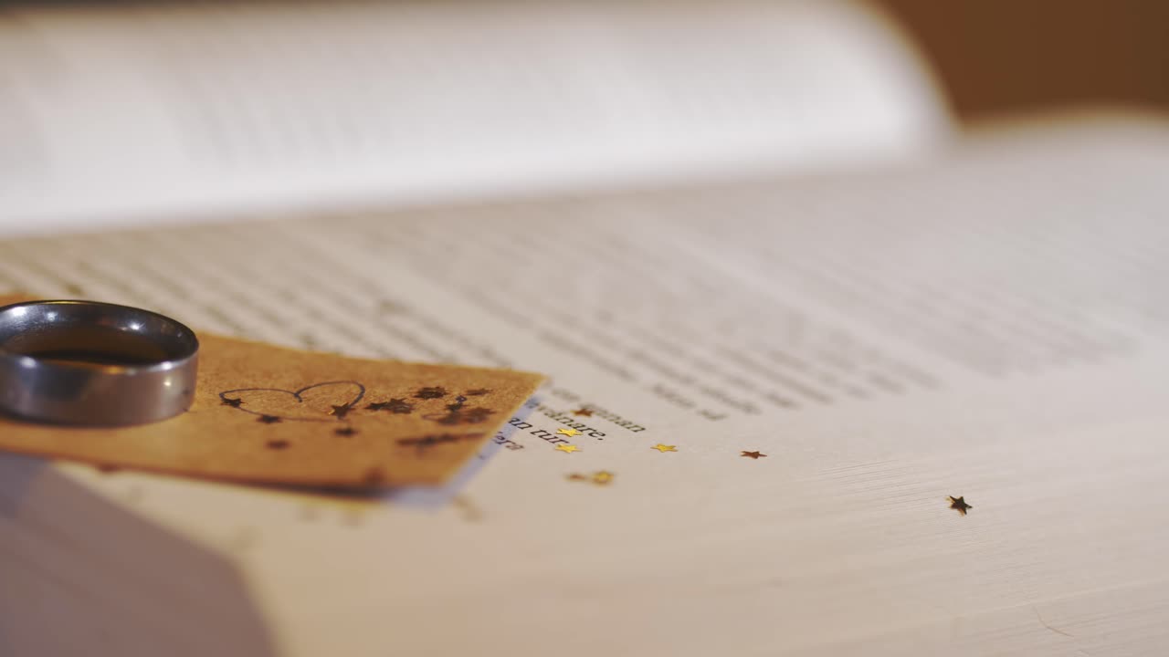 별 태그에 웨딩 밴드의 측면 공개, 책에 배치된 하트