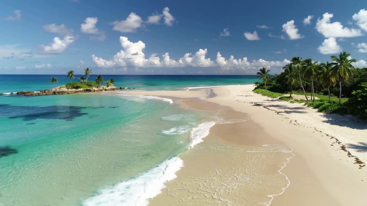 Drone che si sposta rivelando la costa di una spiaggia tropicale, mostrando un palmeto, onde spumose, isolotto roccioso