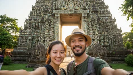Celebrating a Memorable Moment: A Cheerful Couple Taking a Selfie in Front of an Elaborate Temple Facade at Sunset, Capturing the Essence of Cultural Exploration