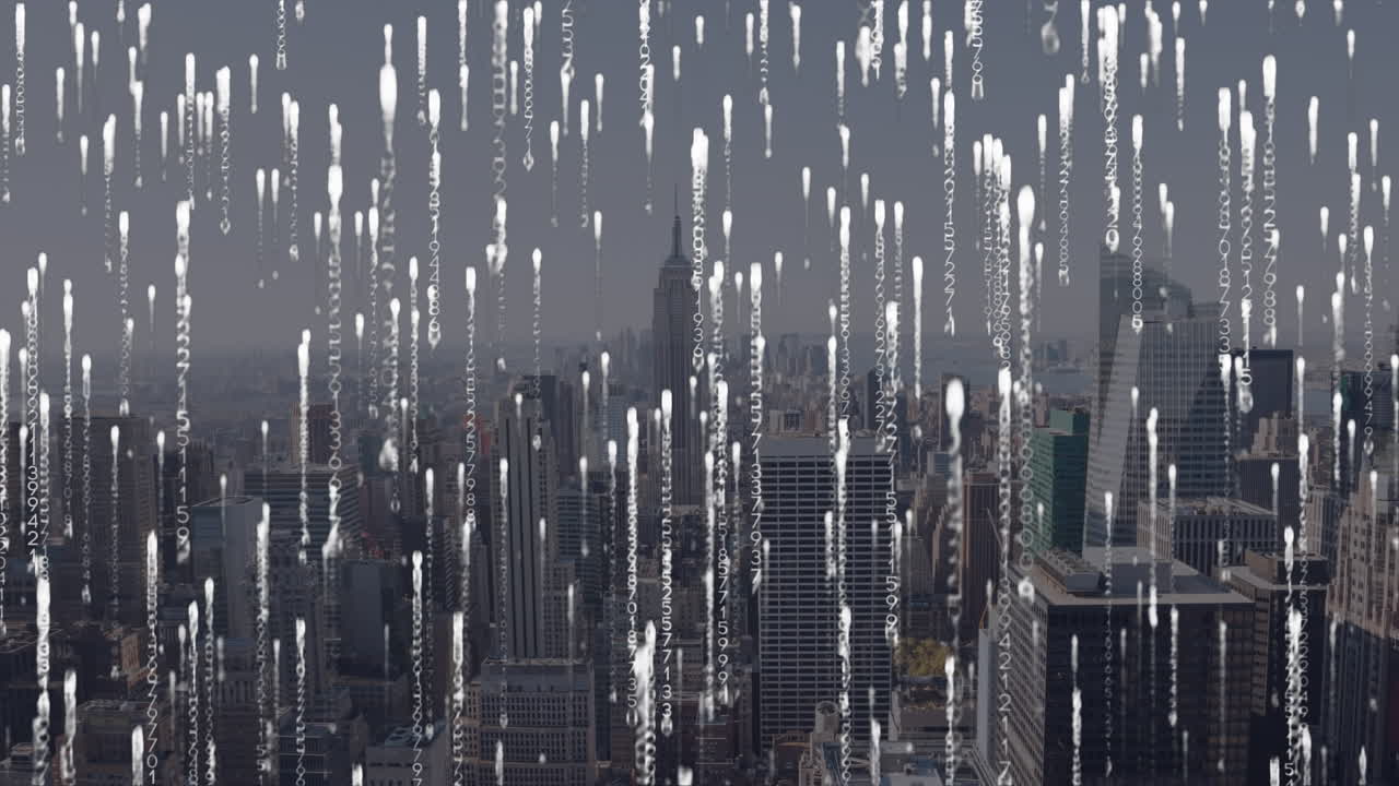 도시 풍경 위의 데이터 처리 애니메이션